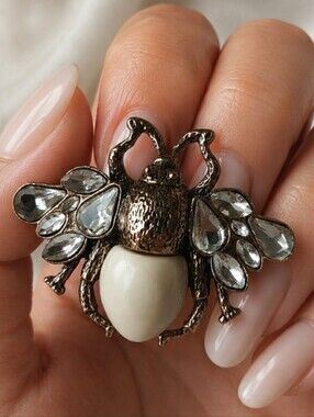 Bee Scarf Clip Dual Ring Brass and Ivory Colored Lucite Rhinestone Adjustable